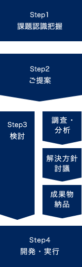 Step01 課題認識把握 Step02 ご提案→Step03 検討(調査・分析→解決方針討議→成果物納品)→Step04 開発・実行